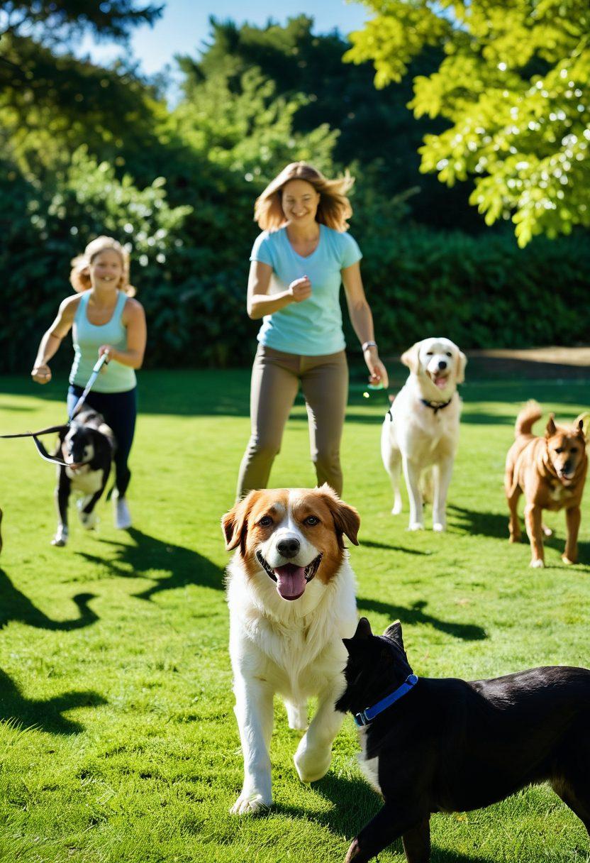 A joyful scene of a diverse group of people happily training their dogs in a sunny park, showcasing various training techniques like agility and obedience. Include playful interactions between the dogs and their owners, with vibrant colors highlighting the happiness and bonding moments. Add elements like training tools and playful toys scattered around. The background should feature lush greenery and blue skies to enhance the uplifting atmosphere. super-realistic. vibrant colors. lush background.