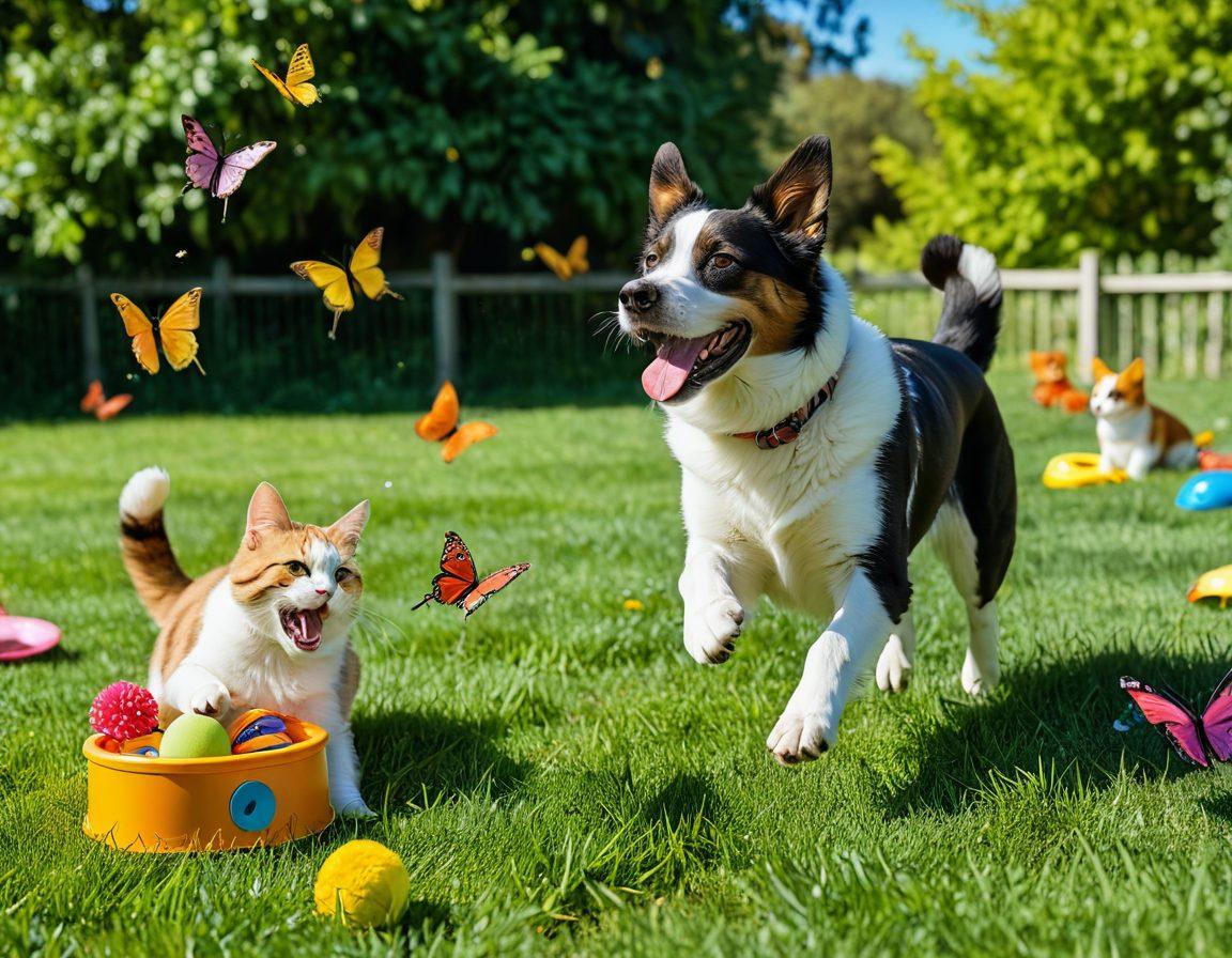 A joyful, playful dog and a content cat engaging in training activities with their owners in a sunny, grassy park. Include colorful training equipment like agility jumps and toys scattered around, with happy people of diverse backgrounds encouraging their pets. Vibrant flowers blooming in the background and playful butterflies fluttering about, creating a cheerful atmosphere. super-realistic. vibrant colors. 3D.