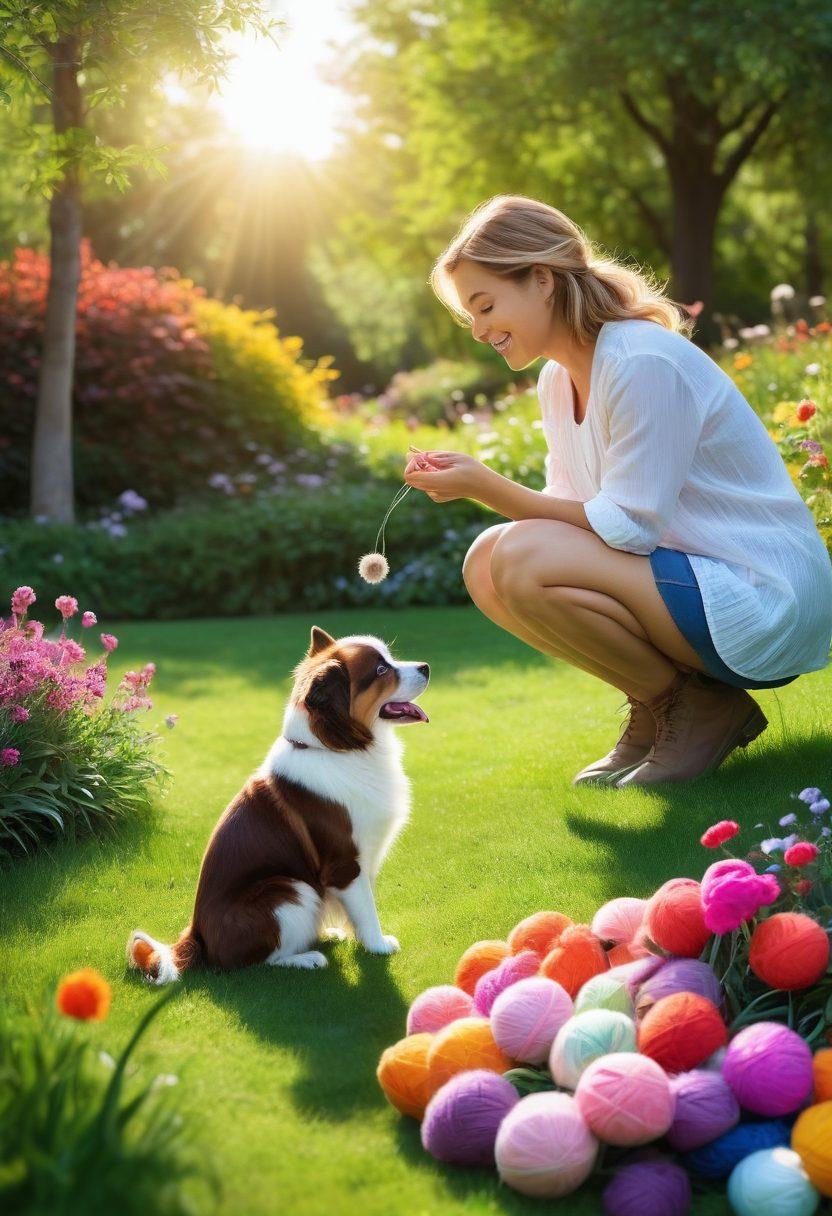 A warm and inviting scene of a person interacting with their happy pet at a sunny park, surrounded by lush green grass and colorful flowers. The person is kneeling down with a smile, gently petting a dog while a cat plays nearby with a yarn ball. In the background, other pet owners engage with their animals, showcasing a vibrant community of joyful pets and owners. The atmosphere is filled with love and connection, highlighting essential techniques for pet happiness and health. super-realistic. vibrant colors. sunny background.
